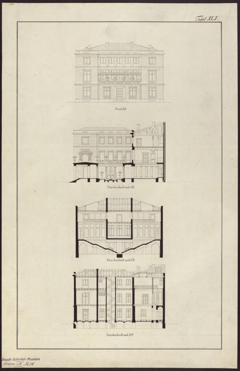 Entwurf zu einem städtischen Wohngebäude. Vorzeichnung zum Stich in der "Sammlung architektonischer Entwürfe", Heft 10, Tafel 62 (rechte Hälfte), 1826