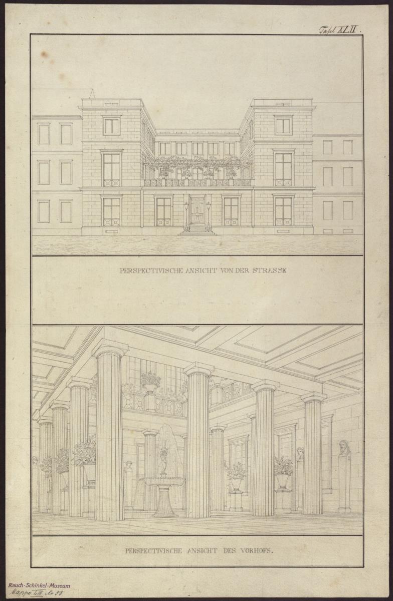 Entwurf zu einem städtischen Wohngebäude. Vorzeichnung zum Stich in der "Sammlung architektonischer Entwürfe", Heft 10, Tafel 61, 1826