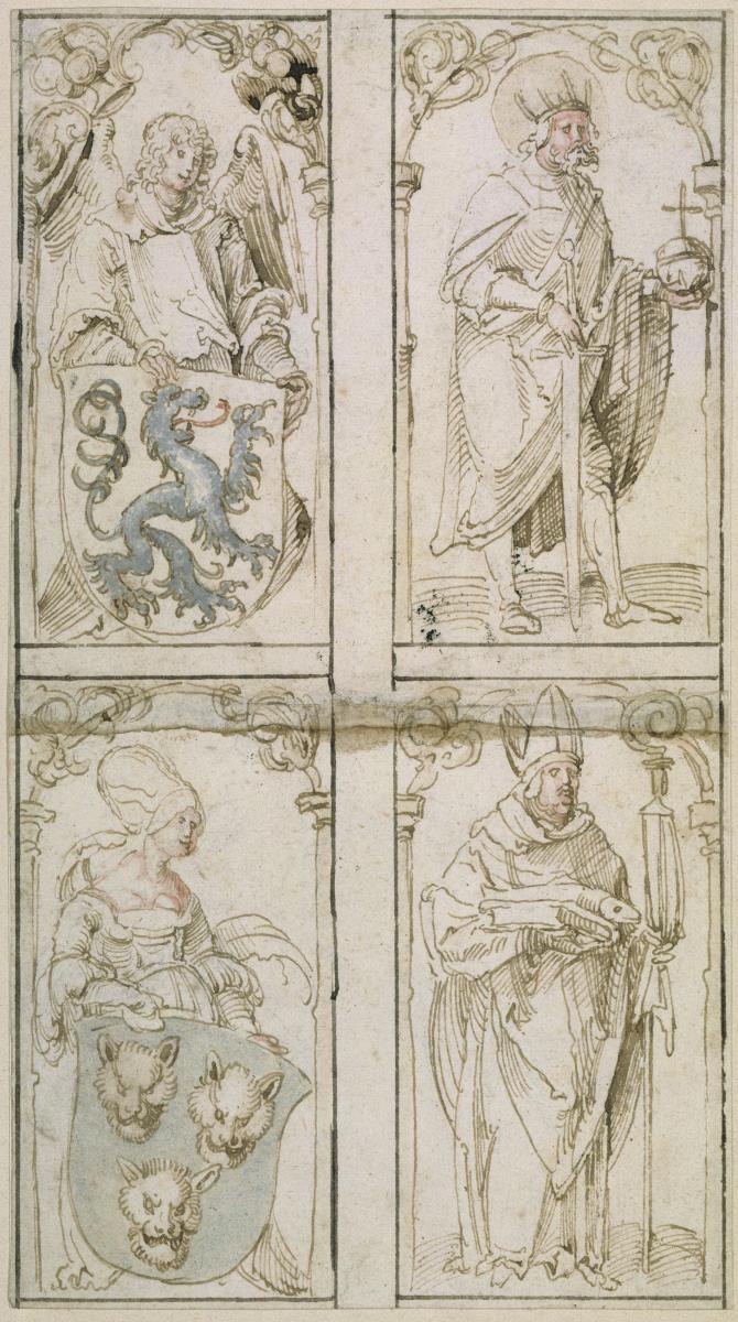 Drei Entwürfe zu Glasgemälden. Oben links: Engel mit dem Wappen von Steiermark. rechts: Kaiser Karl d. Große oder Heinrich II. (Vorfahr Maximilians). Unten links: Eine Edelfrau mit dem Wappen von Dalmatien. Unten rechts: Ein Bischof (der hl. Ulrich?)