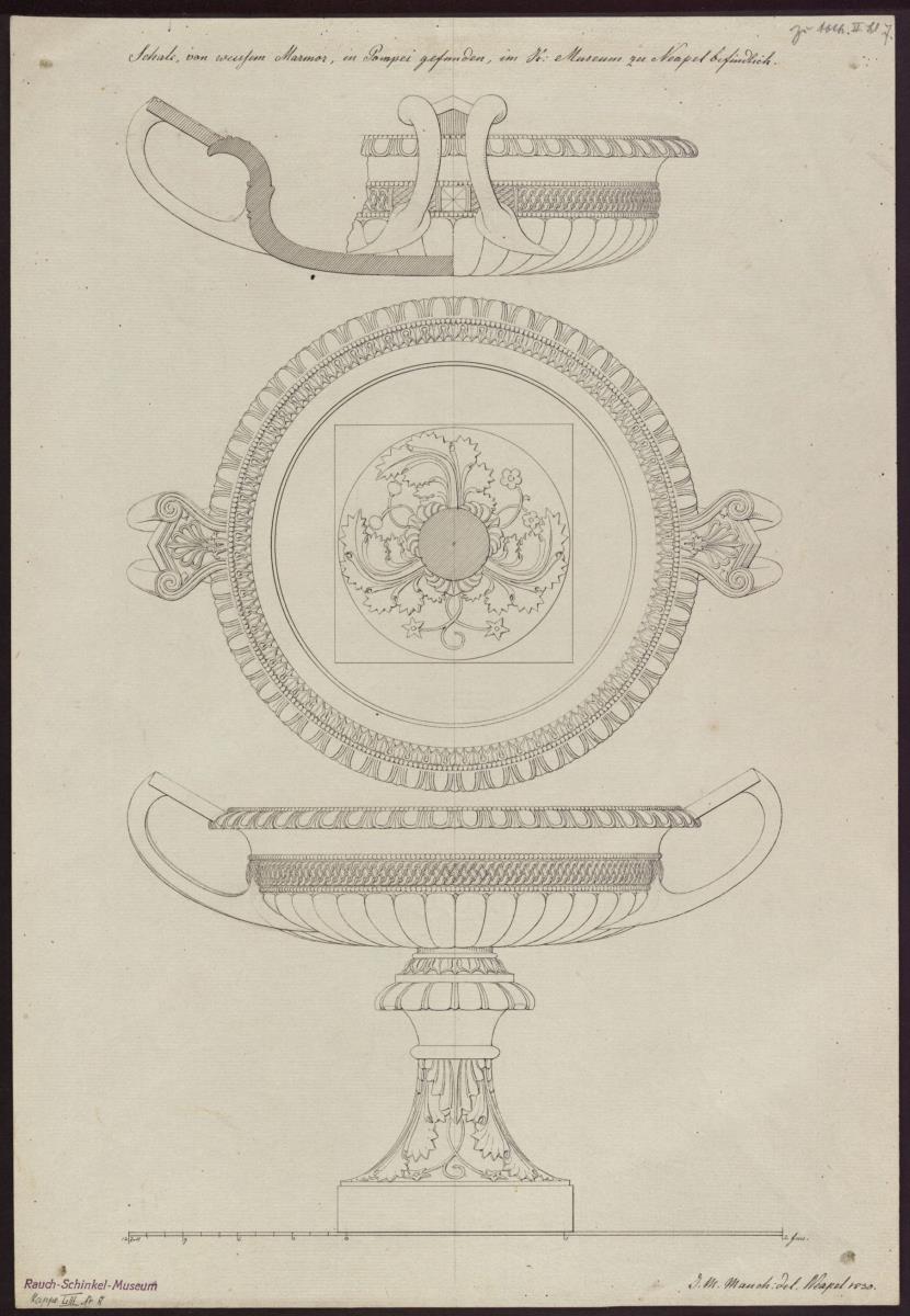 Vorzeichnung für die Vorbilder für Fabrikanten und Handwerker. Teil 2, Abteilung 2, Blatt 7: Marmorschale (Tazza) aus Pompeji im Museo Borbonico in Neapel