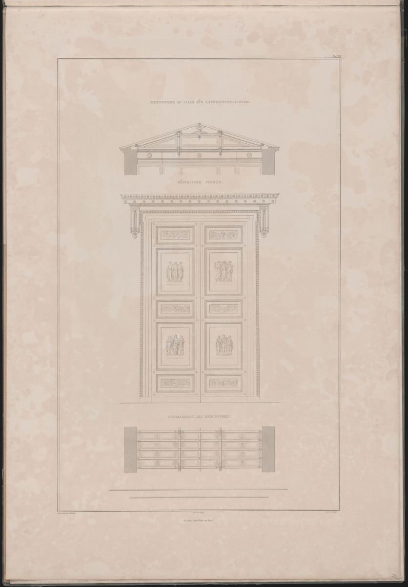 Werke der höheren Baukunst, 1840, Tafel 8. Athen, Akropolis. Palast des Königs Otto von Griechenland. Hängewerk im Saal für die Landesdeputationen / Königliche Pforte / Unteransicht des Hängewerks