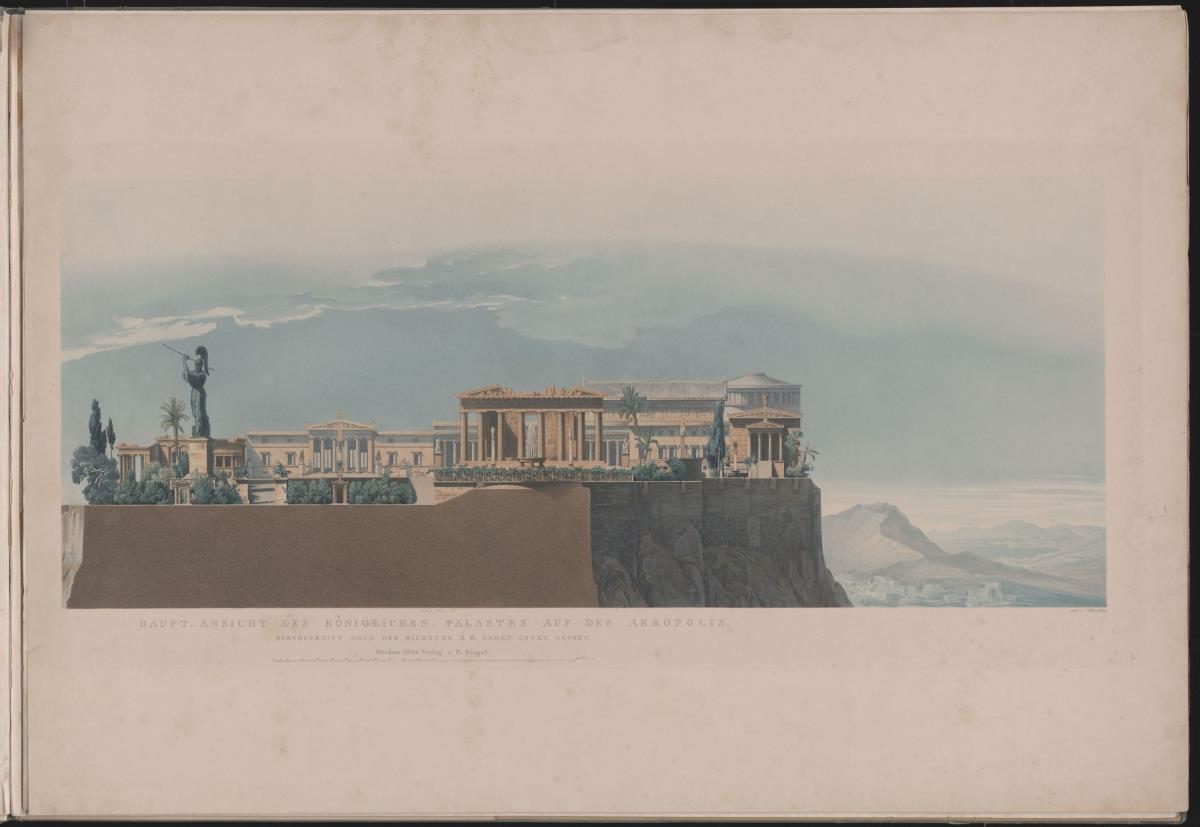 Werke der höheren Baukunst, 1840, Tafel 1. Athen, Akropolis. Palast des Königs Otto von Griechenland. Ansicht von Westen