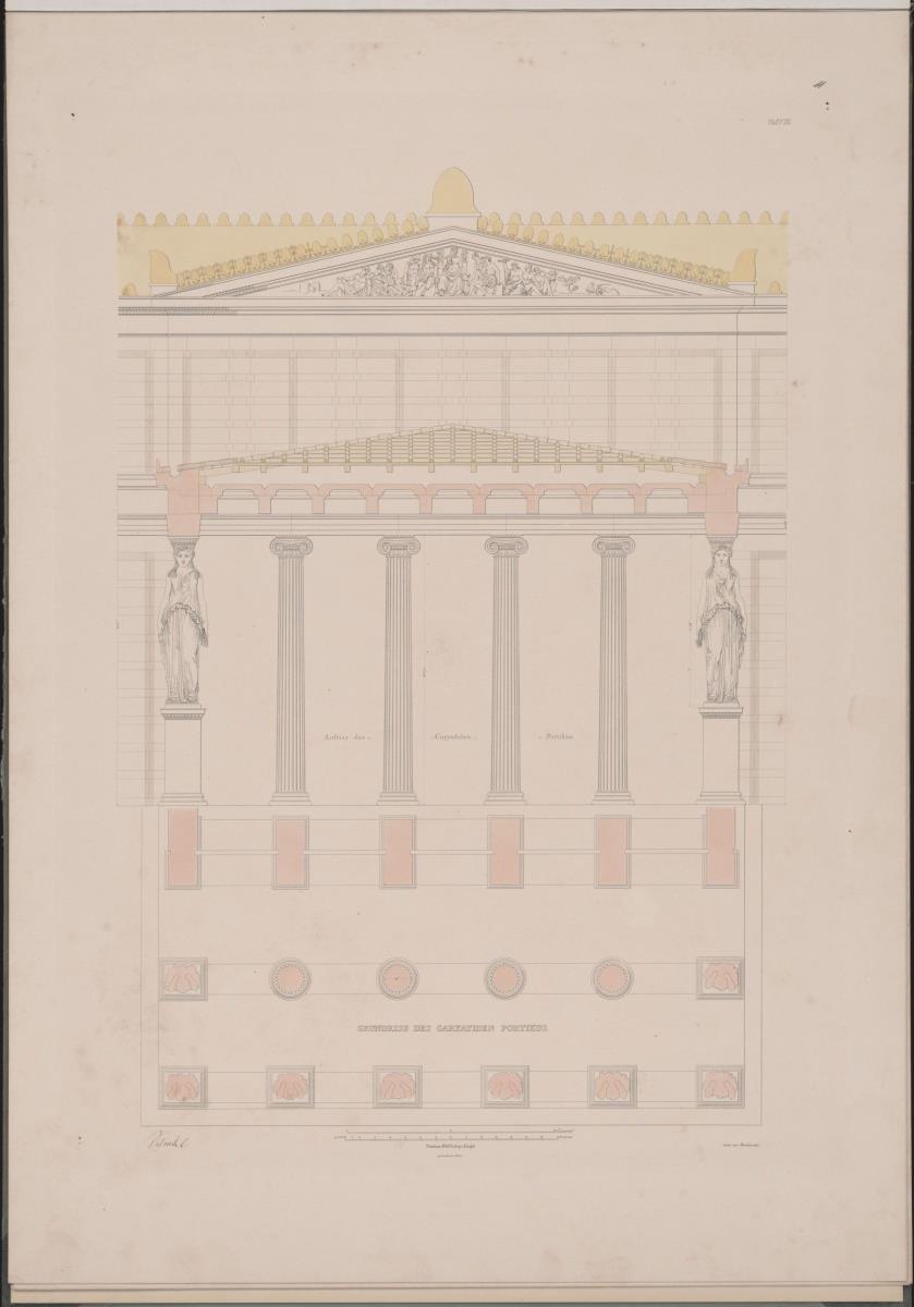 Werke der höheren Baukunst, 1848, Tafel 8. Schloss Orianda auf der Krim. Antikischer Entwurf. Grundriss und Aufriss des Portikus