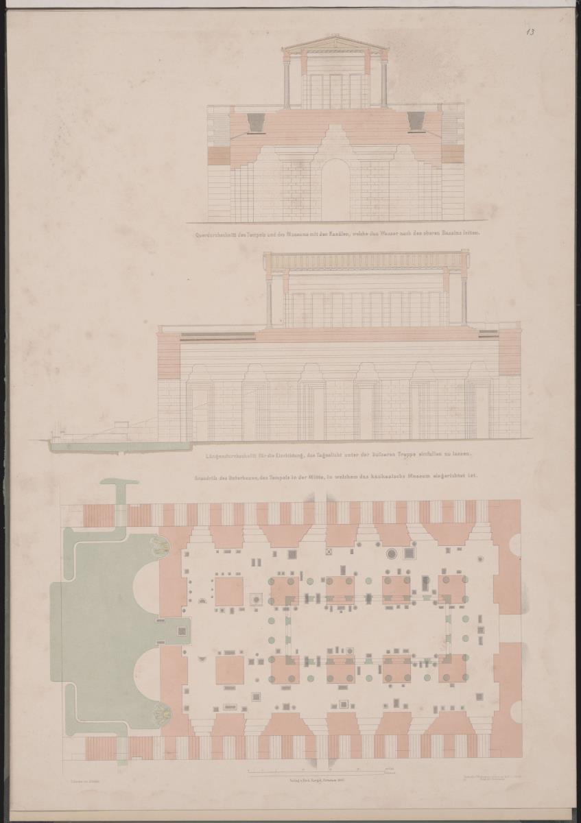 Werke der höheren Baukunst, 1848, Tafel 13. Schloss Orianda auf der Krim. Antikischer Entwurf. Zwei Schnitte und Grundriss vom Untergeschoss
