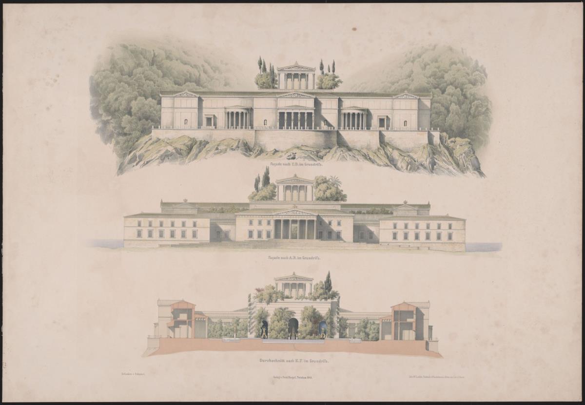 Werke der höheren Baukunst, 1848. Schloss Orianda auf der Krim. Antikischer Entwurf. Aufriss der Meeres- und der Landseite, Schnitt durch den kaiserlicher Hof mit dem Museum der Krim und dem bekrönenden Tempel
