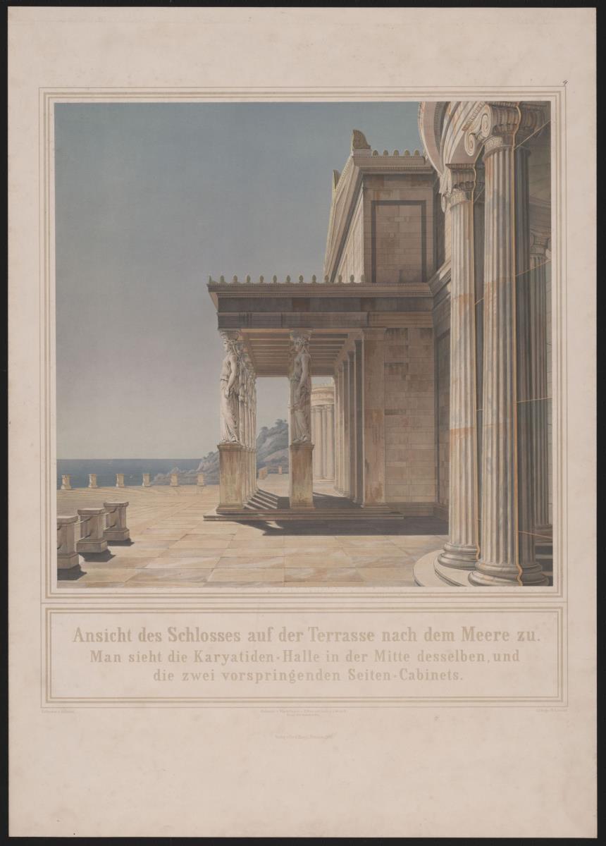 Werke der höheren Baukunst, 1848, (Tafel 4). Schloss Orianda auf der Krim. Antikischer Entwurf. Korenhalle