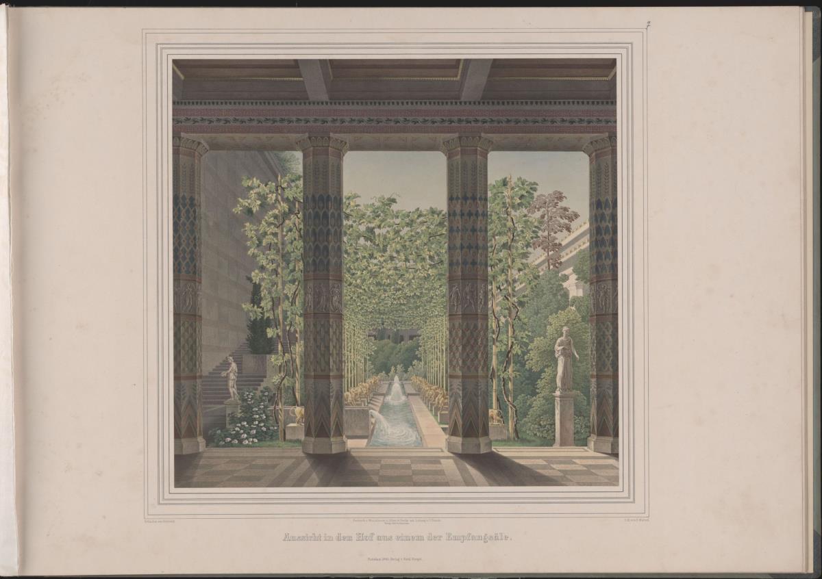 Werke der höheren Baukunst, 1848, (Tafel 7). Schloss Orianda auf der Krim. Antikischer Entwurf. Aussicht auf den Hof