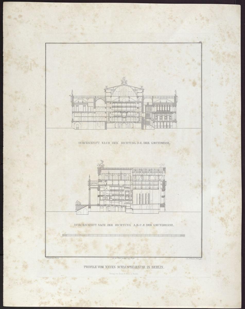 Sammlung architektonischer Entwürfe. Tafel 10 ( = Heft 2 erste Folge, Tafel 10, 1821): Berlin. Schauspielhaus auf dem Gendarmenmarkt. Längsschnitt und Querschnitt