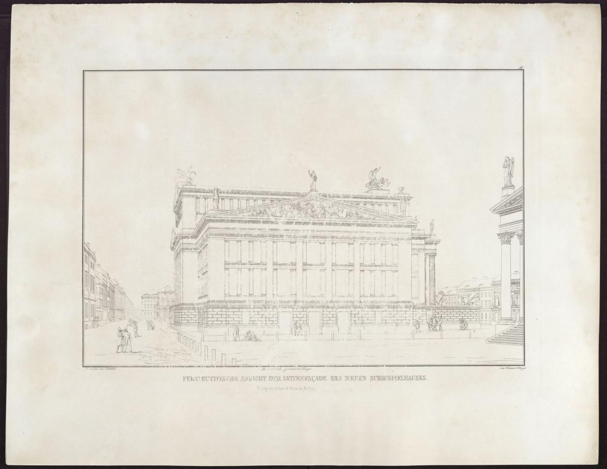 Sammlung architektonischer Entwürfe. Tafel 11 ( = Heft 2 erste Folge, Tafel 11, 1821): Berlin. Schauspielhaus auf dem Gendarmenmarkt. Perspektivische Ansicht von der Seite