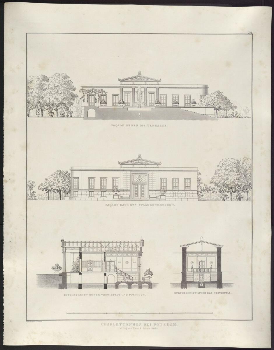 Sammlung architektonischer Entwürfe. Tafel 112 ( = Heft 18, Tafel 112, 1831): Potsdam-Sanssouci. Schloss Charlottenhof. Zwei Ansichten und zwei Schnitte