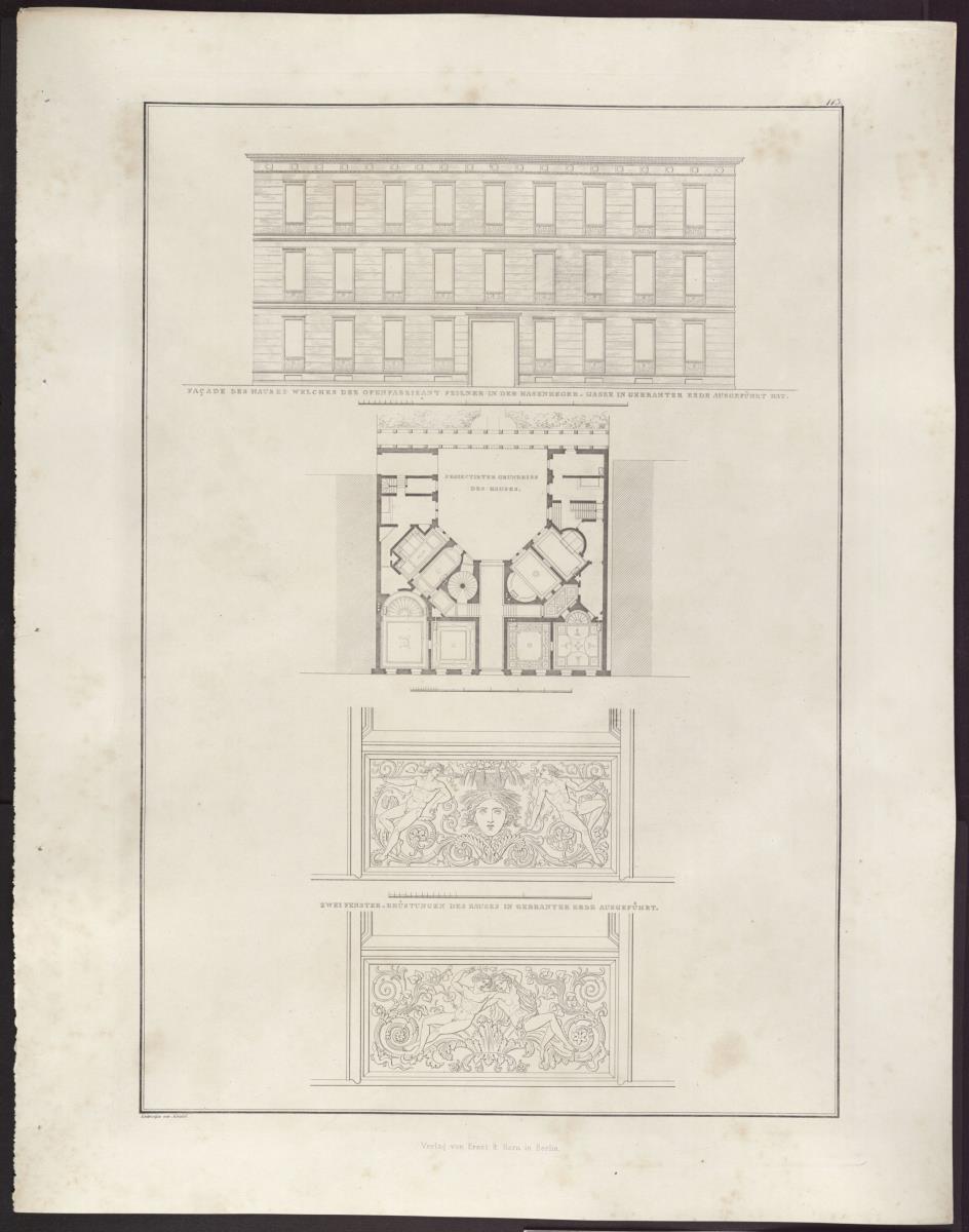 Sammlung architektonischer Entwürfe. Tafel 113 ( = Heft 18, Tafel 113, 1831): Berlin. Feilnerhaus. Fassadenansicht, Grundriss und Reliefs der Fensterbrüstungen