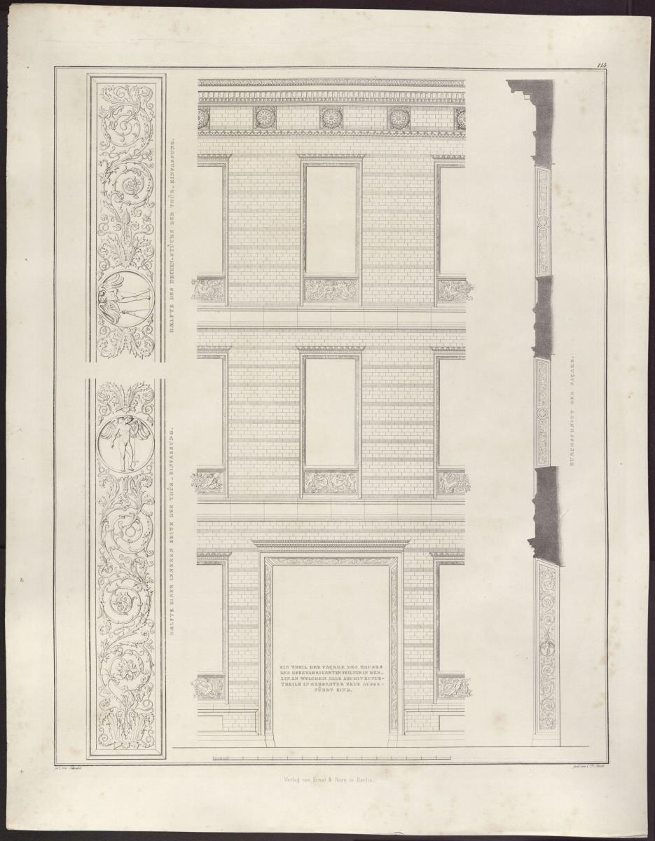 Sammlung architektonischer Entwürfe. Tafel 114 ( = Heft 18, Tafel 114, 1831): Berlin. Feilnerhaus. Fassadenriss und Schnitt, Reliefs der Türlaibung