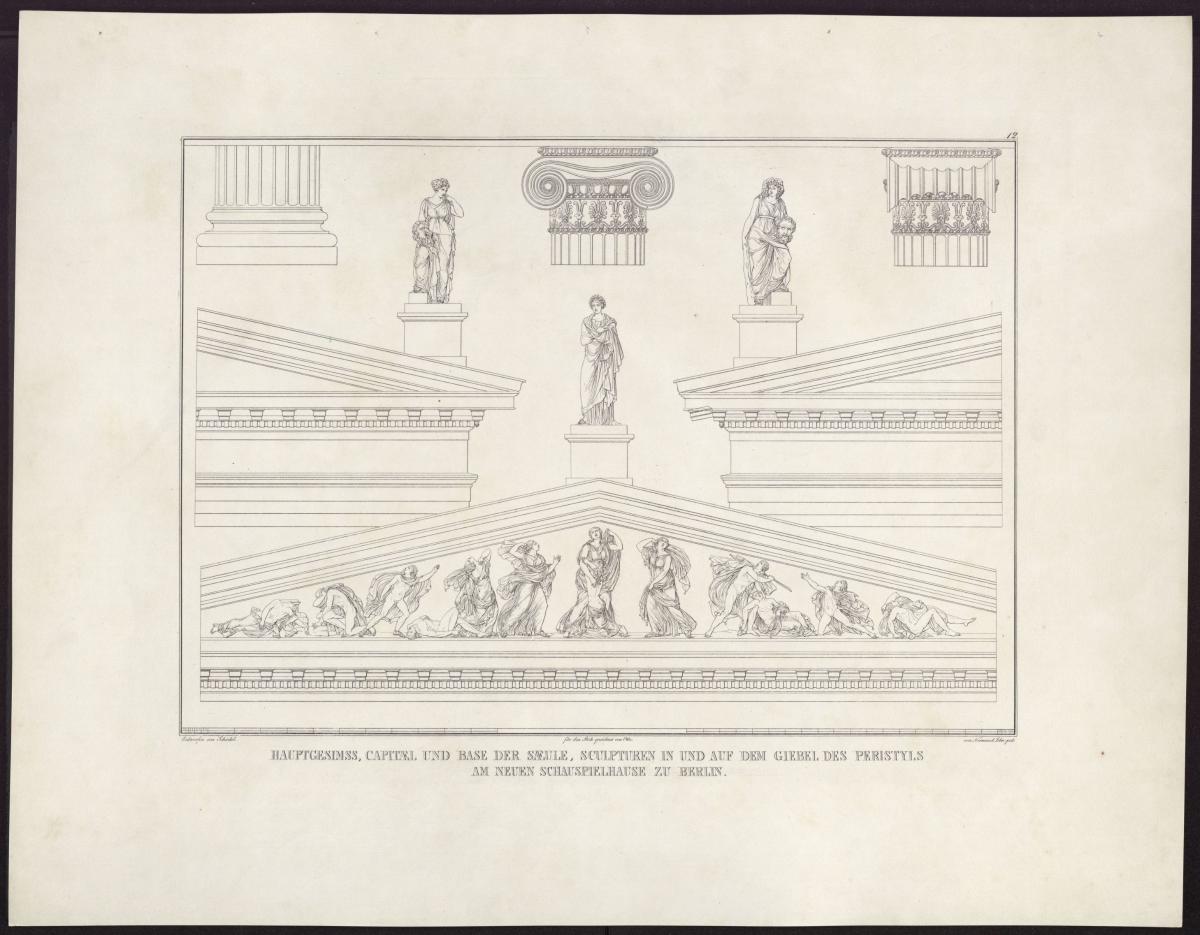 Sammlung architektonischer Entwürfe. Tafel 12 ( = Heft 2 erste Folge, Tafel 12, 1821): Berlin. Schauspielhaus auf dem Gendarmenmarkt. Dekoration und Skulpturen des Giebels