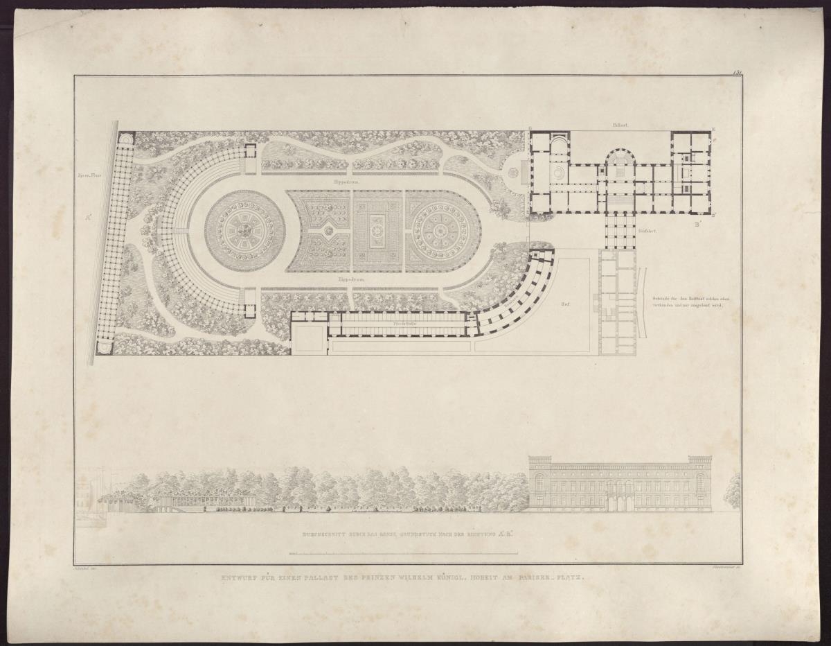 Sammlung architektonischer Entwürfe. Tafel 131 ( = Heft 26, Tafel 157, 1838): Berlin, Pariser Platz. Palais Prinz Wilhelm. Grundriss und Gartenanlagen