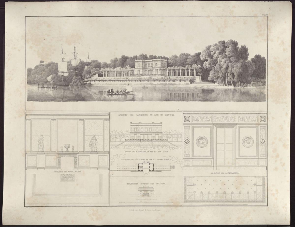 Sammlung architektonischer Entwürfe. Tafel 138 ( = Heft 28, Tafel 170, 1840): Berlin. Schloss Glienicke, Casino. Grundriss und Ansichten