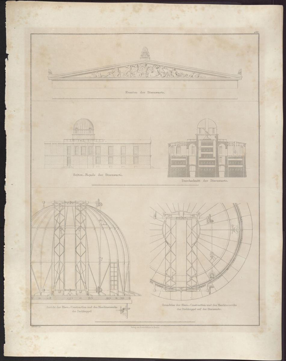 Sammlung architektonischer Entwürfe. Tafel 142 ( = Heft 25, Tafel 154, 1835): Berlin. Entwurf zur Sternwarte. Seitenansicht und Schnitte