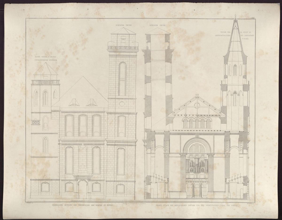 Sammlung architektonischer Entwürfe. Tafel 145 ( = Heft 27, Tafel 165, 1840): Zittau. Johanneskirche. Alte Fassade und Querschnitt