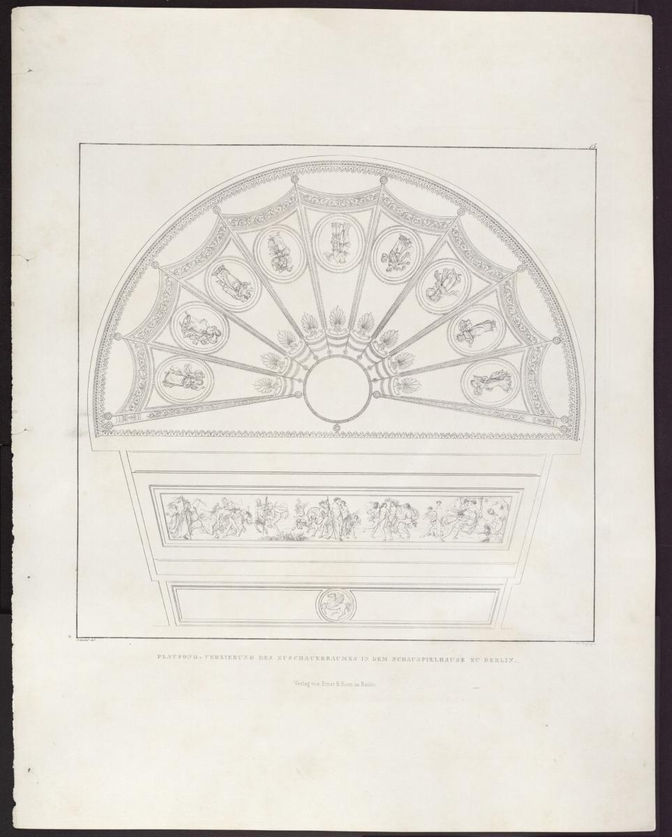Sammlung architektonischer Entwürfe. Tafel 15 ( = Heft 2 zweite Folge, Tafel 15, 1826): Berlin. Schauspielhaus auf dem Gendarmenmarkt,  Zuschauerraum. Ansicht des Deckenplafonds und der Proszeniumsdecke