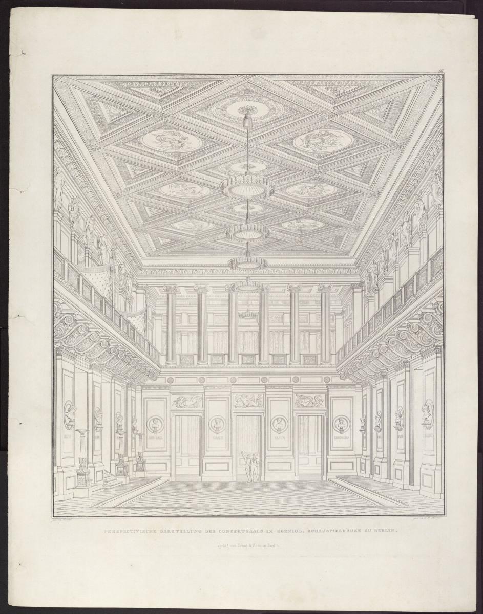 Sammlung architektonischer Entwürfe. Tafel 16 ( = Heft 2 zweite Folge, Tafel 16, 1826): Berlin. Schauspielhaus auf dem Gendarmenmarkt, Konzertsaal