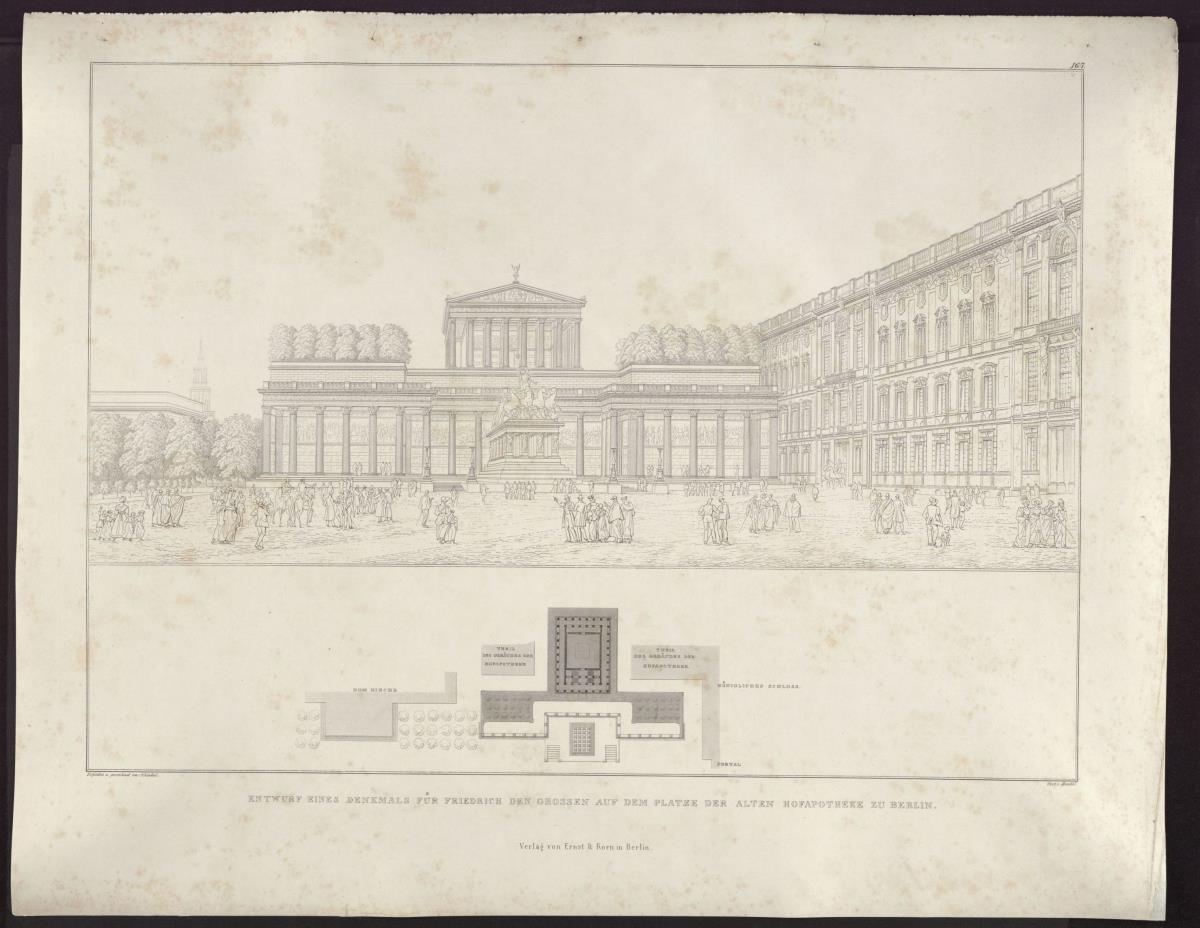 Sammlung architektonischer Entwürfe. Tafel 167 ( = Heft 19, Tafel 119, 1831): Berlin, Lustgarten. Entwurf für ein Friedrichsdenkmal. Halle und Ehrentempel