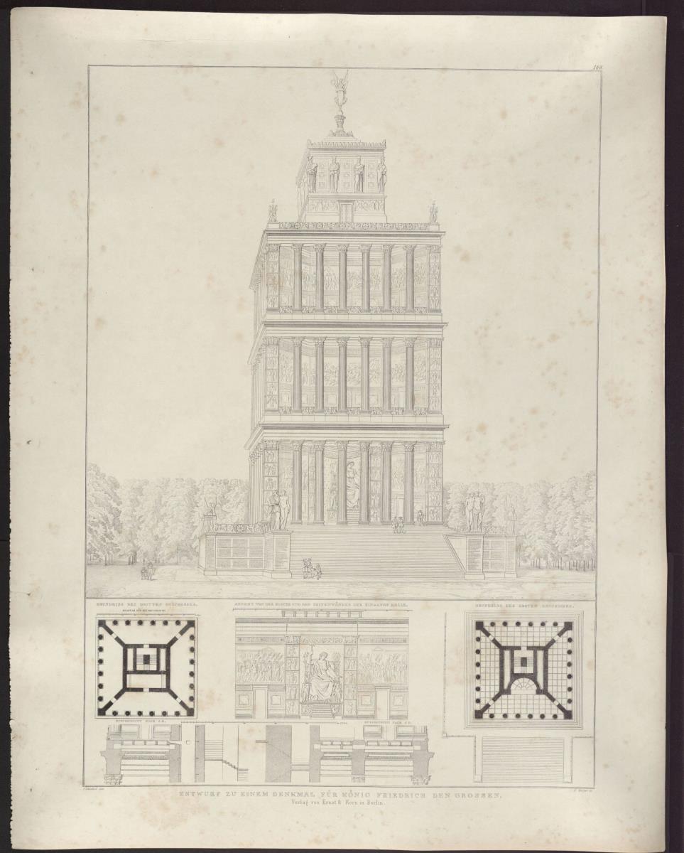 Sammlung architektonischer Entwürfe. Tafel 168 ( = Heft 19, Tafel 120, 1831): Berlin, Unter den Linden. Entwurf für ein Friedrichsdenkmal. Hallenbau