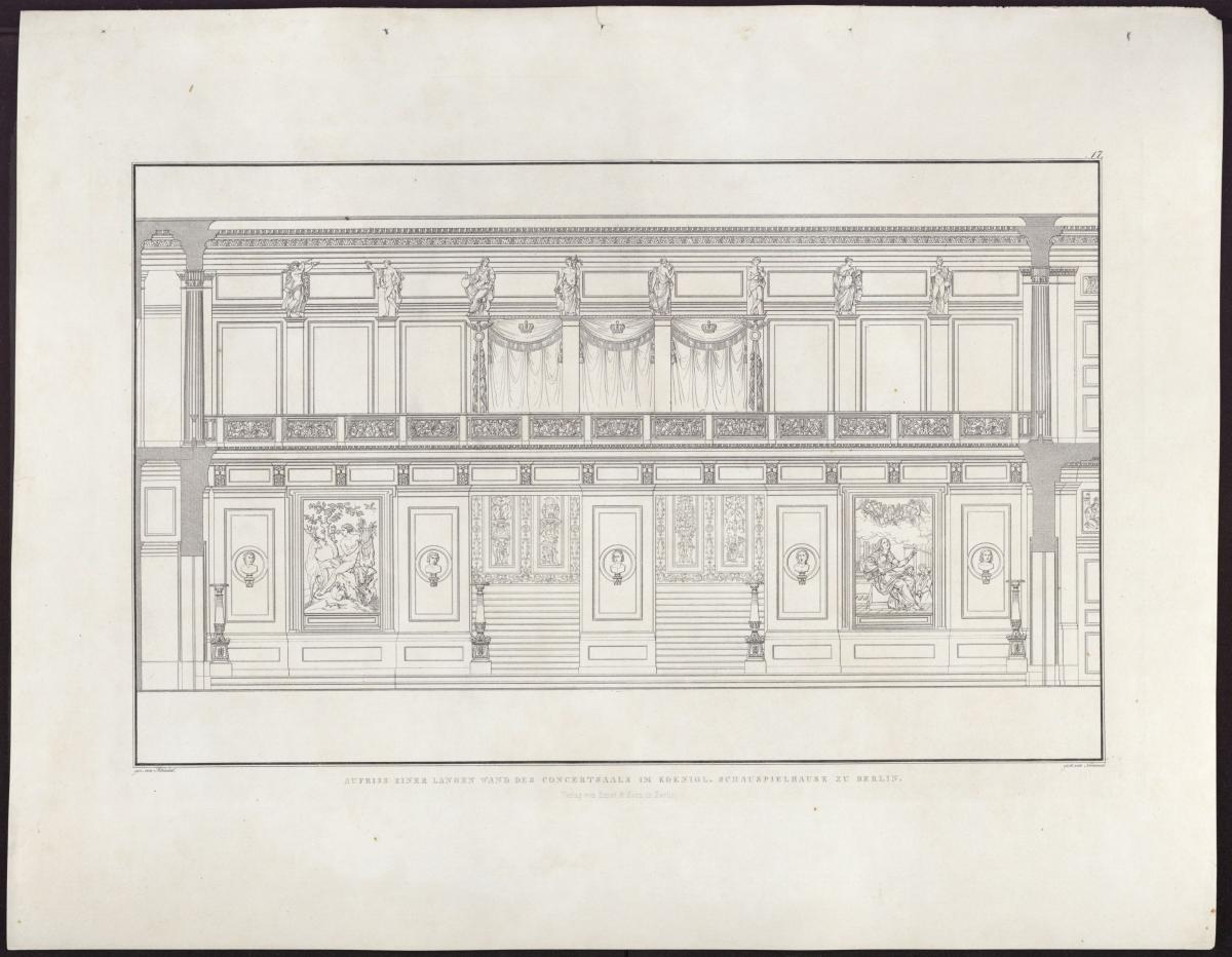 Sammlung architektonischer Entwürfe. Tafel 17 ( = Heft 2 zweite Folge, Tafel 17, 1826): Berlin. Schauspielhaus auf dem Gendarmenmarkt, Konzertsaal. Längsschnitt