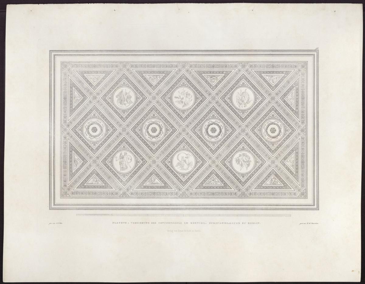 Sammlung architektonischer Entwürfe. Tafel 18 ( = Heft 2 zweite Folge, Tafel 18, 1826): Berlin. Schauspielhaus auf dem Gendarmenmarkt, Konzertsaal. Plafond-Verzierung
