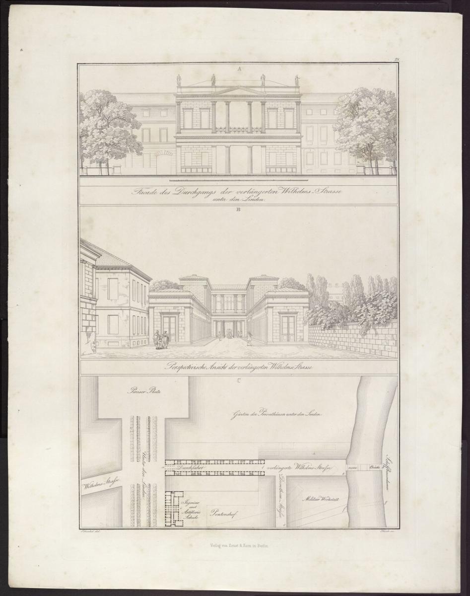 Sammlung architektonischer Entwürfe. Tafel 19 ( = Heft 3, Tafel 19, 1823): Berlin, Unter den Linden 76, Durchgang zur Neuen Wilhelmstraße. Grundriss und perspektivische Ansicht