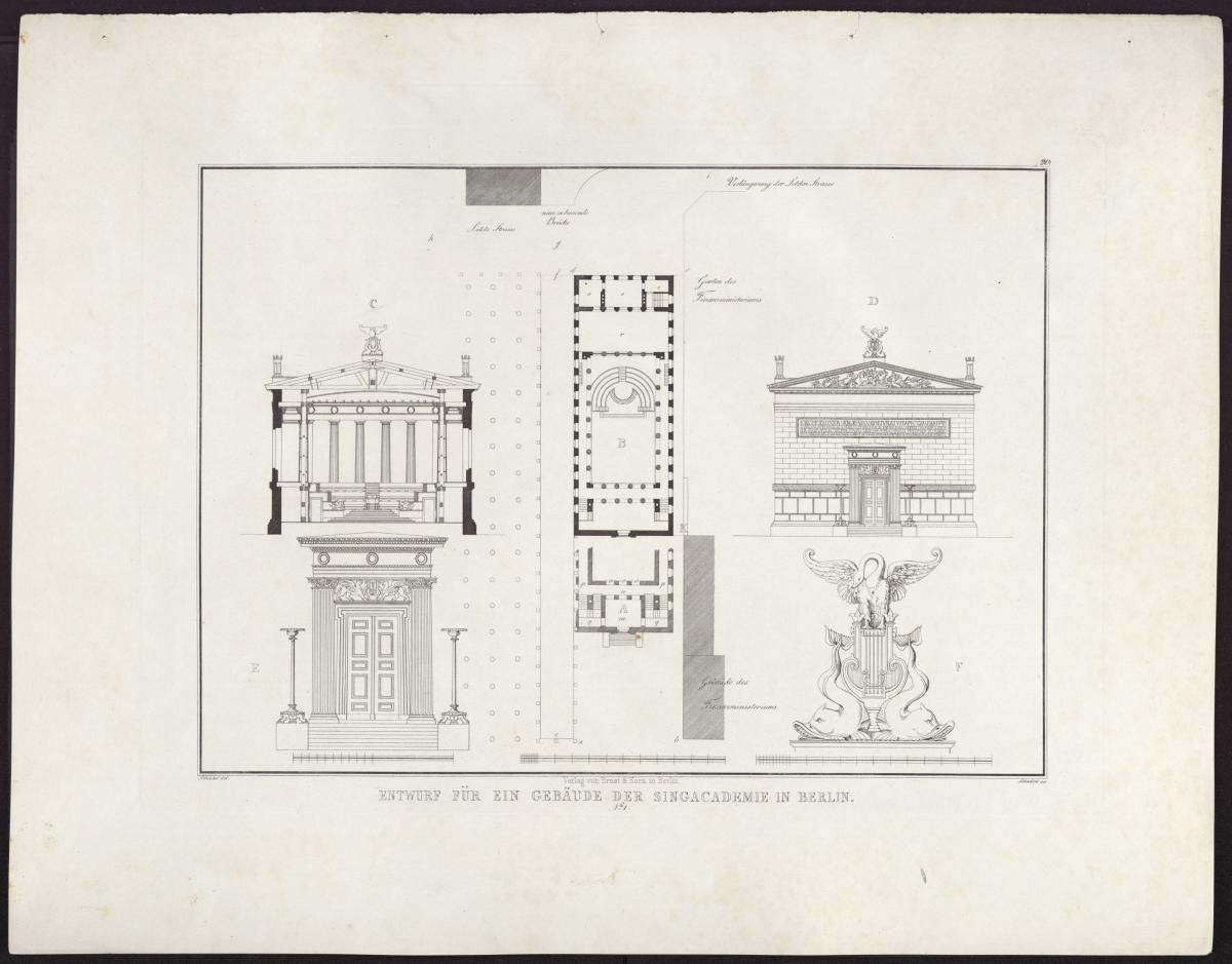 Sammlung architektonischer Entwürfe. Tafel 20 ( = Heft 3, Tafel 20, 1823): Berlin. Entwurf zur Singakademie. Ansichten, Grundriss mit Lageplan, Querschnitt und Detail