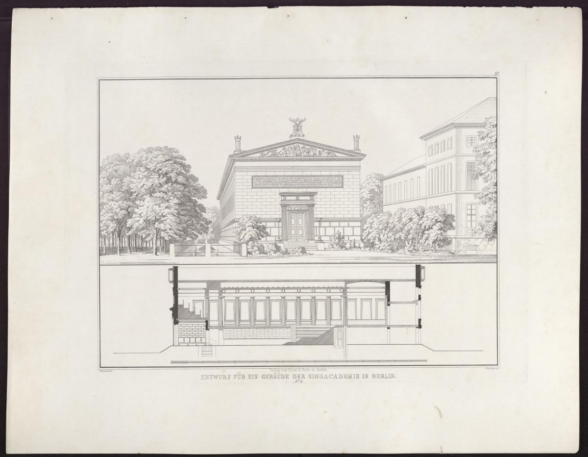 Sammlung architektonischer Entwürfe. Tafel 21 ( = Heft 3, Tafel 21, 1823): Berlin. Entwurf zur Singakademie. Perspektivische Ansicht und Längsschnitt