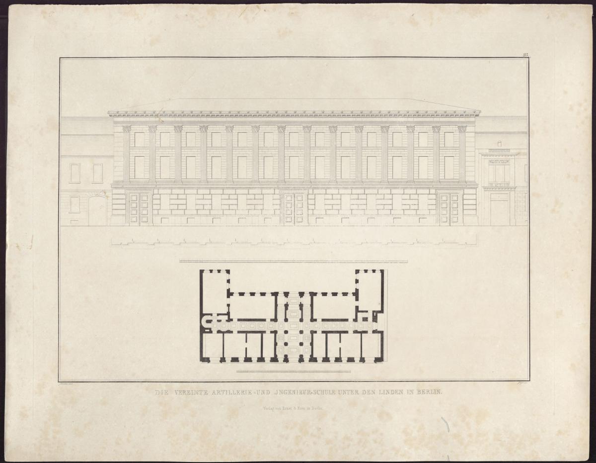 Sammlung architektonischer Entwürfe. Tafel 23 ( = Heft 3, Tafel 23, 1823): Berlin. Artillerie- und Ingenieursschule. Grundriss und Aufriss