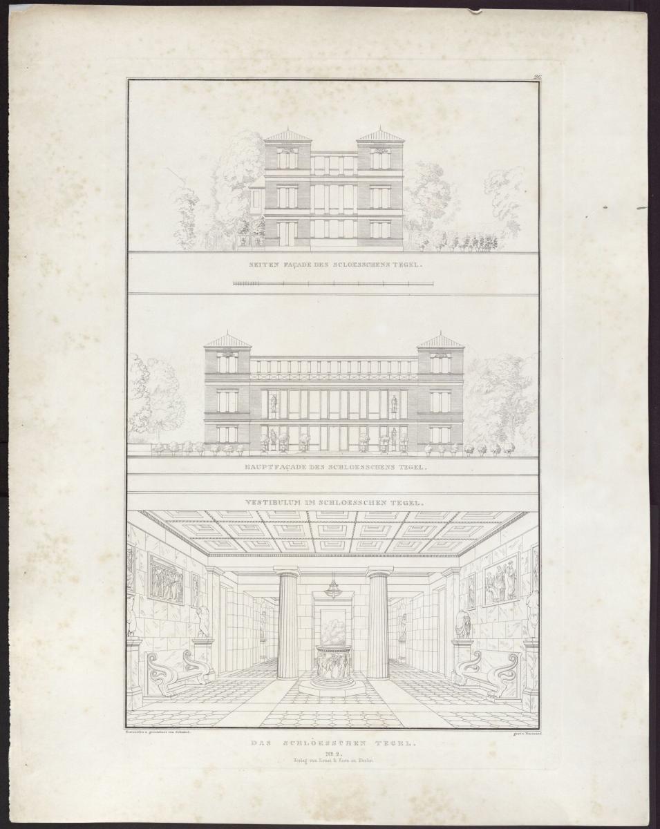 Sammlung architektonischer Entwürfe. Tafel 26 ( = Heft 4, Tafel 26, 1824): Berlin. Schloss Tegel. Seiten- und Hauptfassade und Vestibül