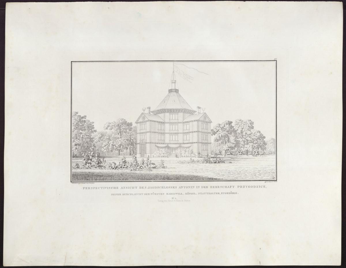 Sammlung architektonischer Entwürfe. Tafel 27 ( = Heft 4, Tafel 27, 1824): Ostrowo (Ostrów Wielkopolski), ehemals Regierungsbezirk Posen (Województwo Wielkopolskie). Jagdschloss Antonin. Perspektivische Ansicht