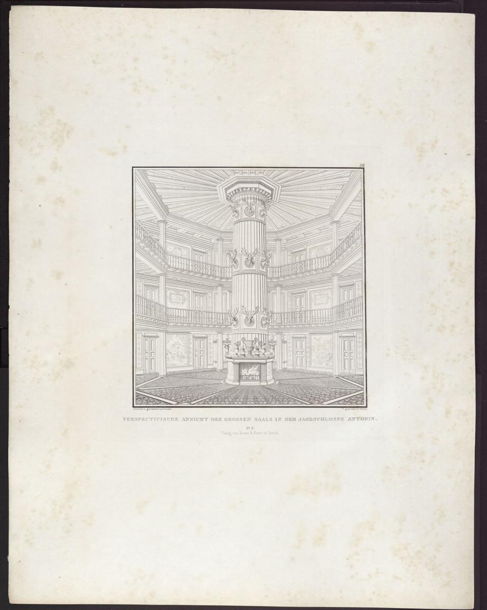 Sammlung architektonischer Entwürfe. Tafel 28 ( = Heft 4, Tafel 28, 1824): Ostrowo (Ostrów Wielkopolski), ehemals Regierungsbezirk Posen (Województwo Wielkopolskie). Jagdschloss Antonin. Innenansicht des Kaminsaales