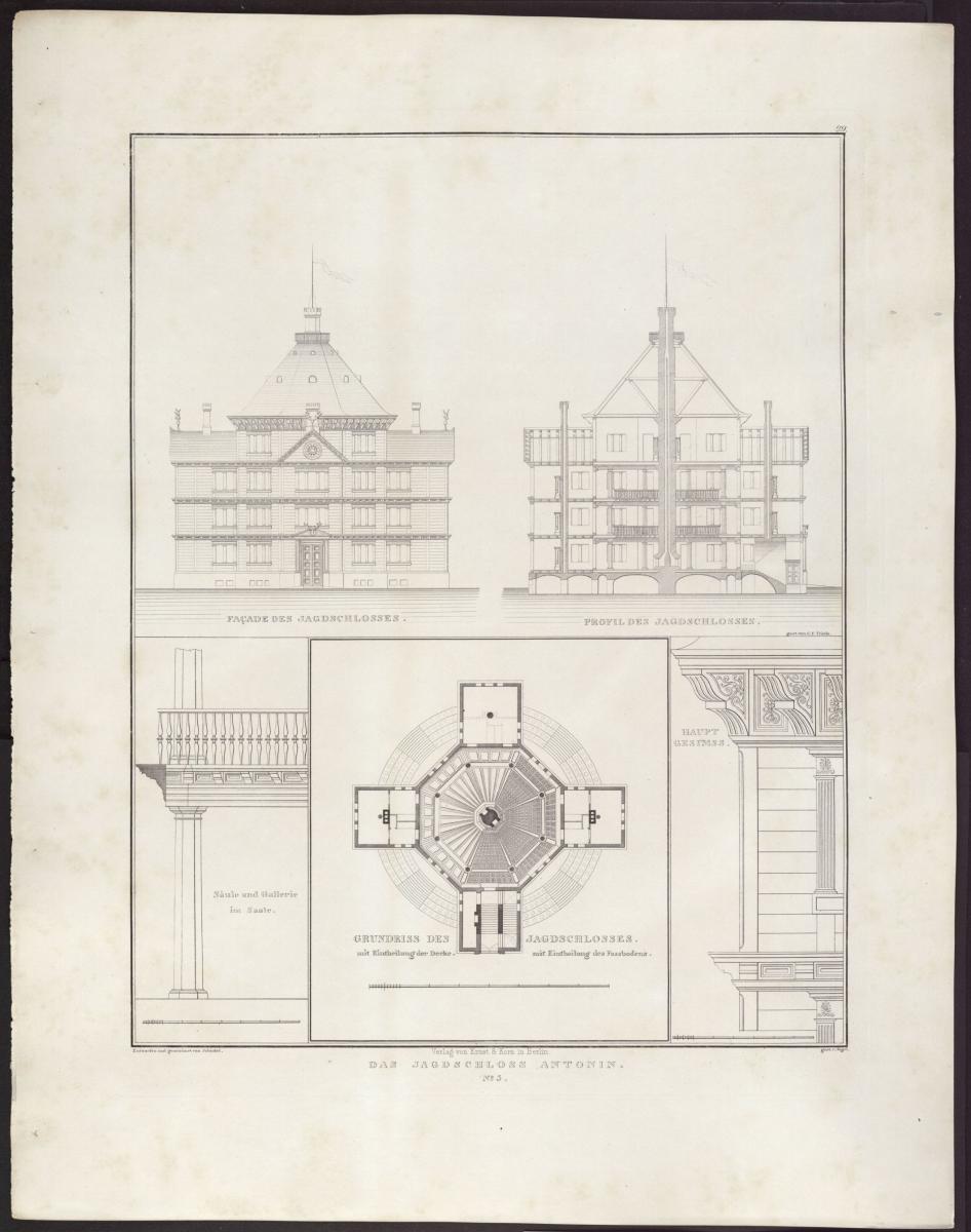 Sammlung architektonischer Entwürfe. Tafel 29 ( = Heft 4, Tafel 29, 1824): Ostrowo (Ostrów Wielkopolski), ehemals Regierungsbezirk Posen (Województwo Wielkopolskie). Jagdschloss Antonin. Ansichten und Schnitte