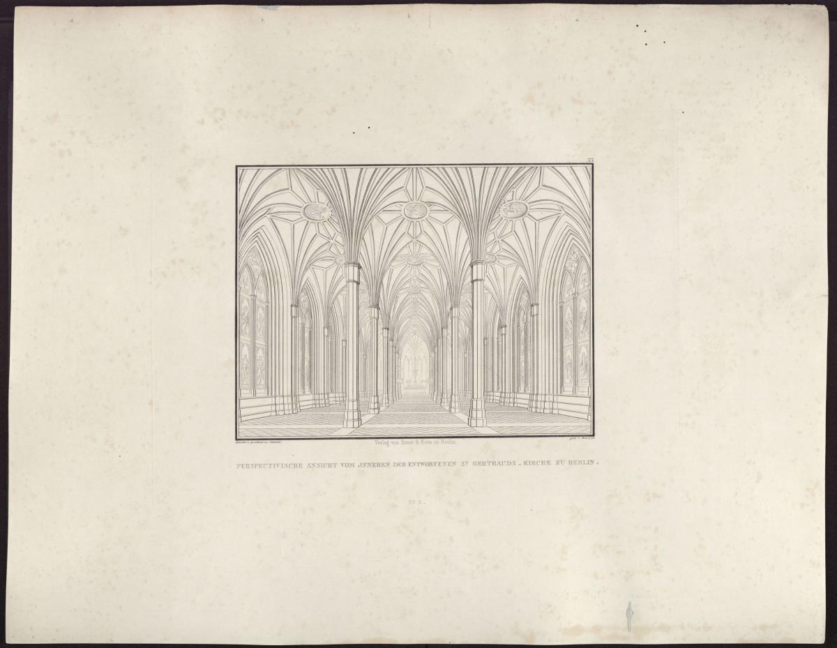 Sammlung architektonischer Entwürfe. Tafel 33 ( = Heft 5, Tafel 33, 1824): Berlin, Spittelmarkt. Entwurf zur Gertraudenkirche. Innenansicht, Blick durch das Langhaus zum Chor