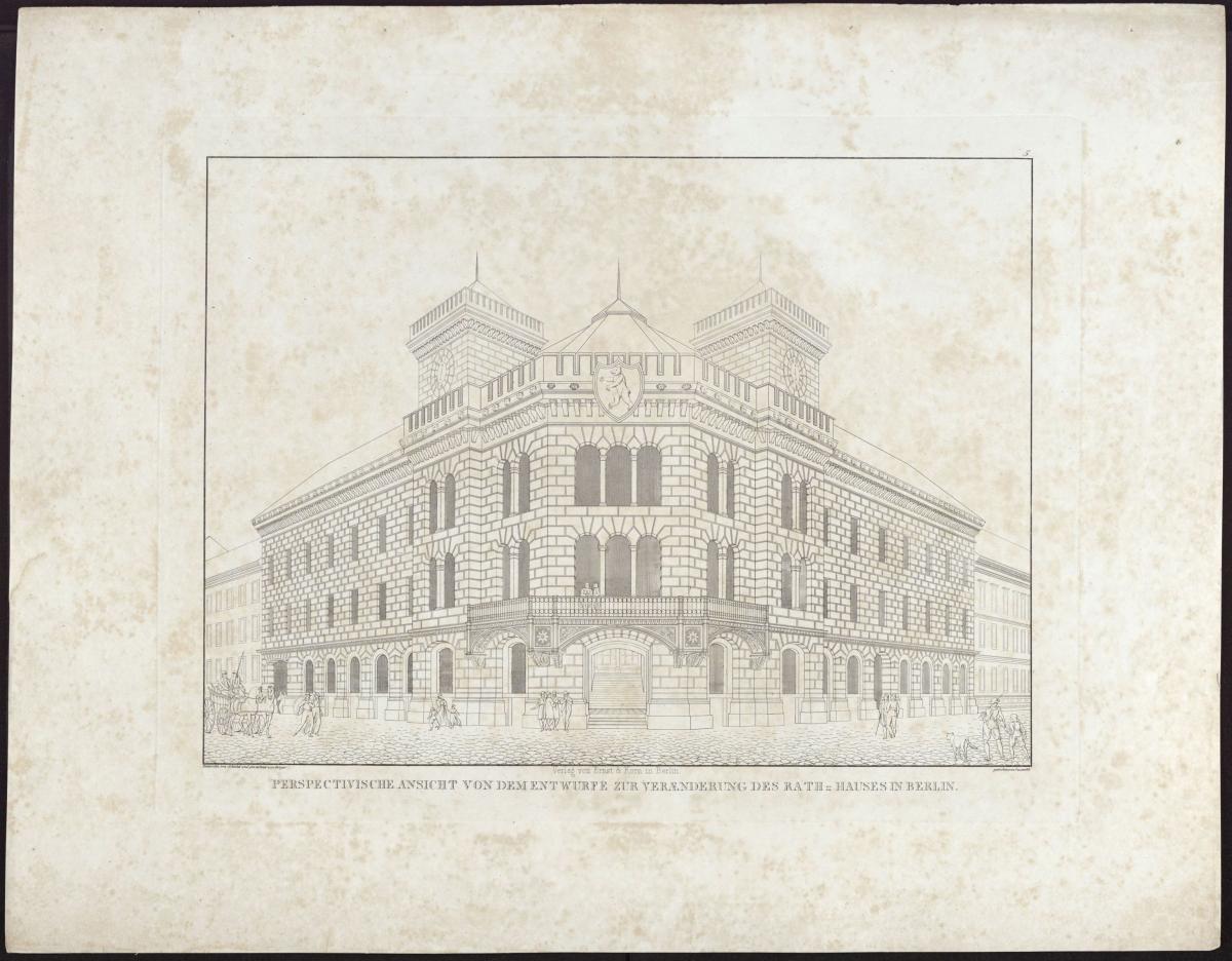 Sammlung architektonischer Entwürfe. Tafel 5 ( = Heft , Tafel 5, 1819): Berlin. Rathaus. Endgültiger Entwurf mit zwei Flankentürmen. Perspektivische Ansicht