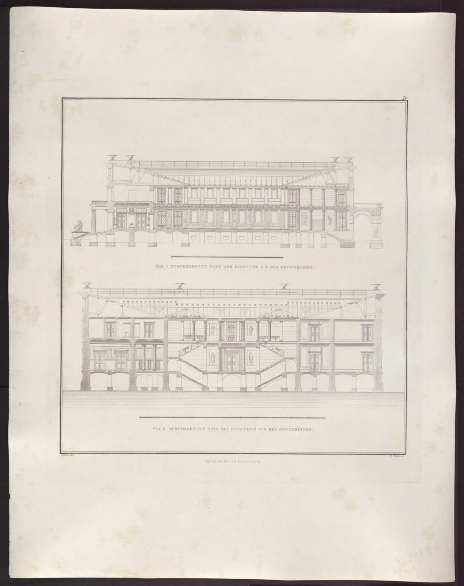 Sammlung architektonischer Entwürfe. Tafel 50 ( = Heft 7, Tafel 48, 1826): Kressendorf (Krzeszowice) bei Krakau. Schloss. Quer- und Längsschnitt