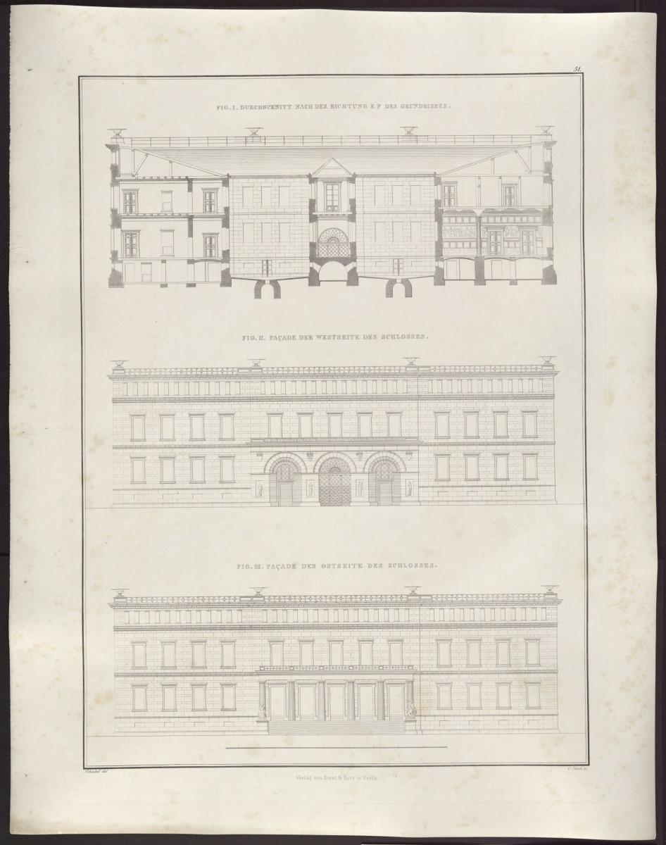 Sammlung architektonischer Entwürfe. Tafel 51 ( = Heft 7, Tafel 47, 1826): Kressendorf (Krzeszowice) bei Krakau. Schloss. Zwei Fassadenaufrisse und Schnitt