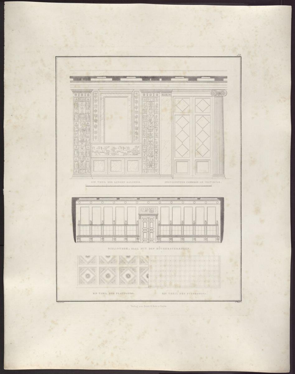 Sammlung architektonischer Entwürfe. Tafel 52 ( = Heft 7, Tafel 46, 1826): Kressendorf (Krzeszowice) bei Krakau. Schloss. Wandaufrisse von Bibliothek und Galerie