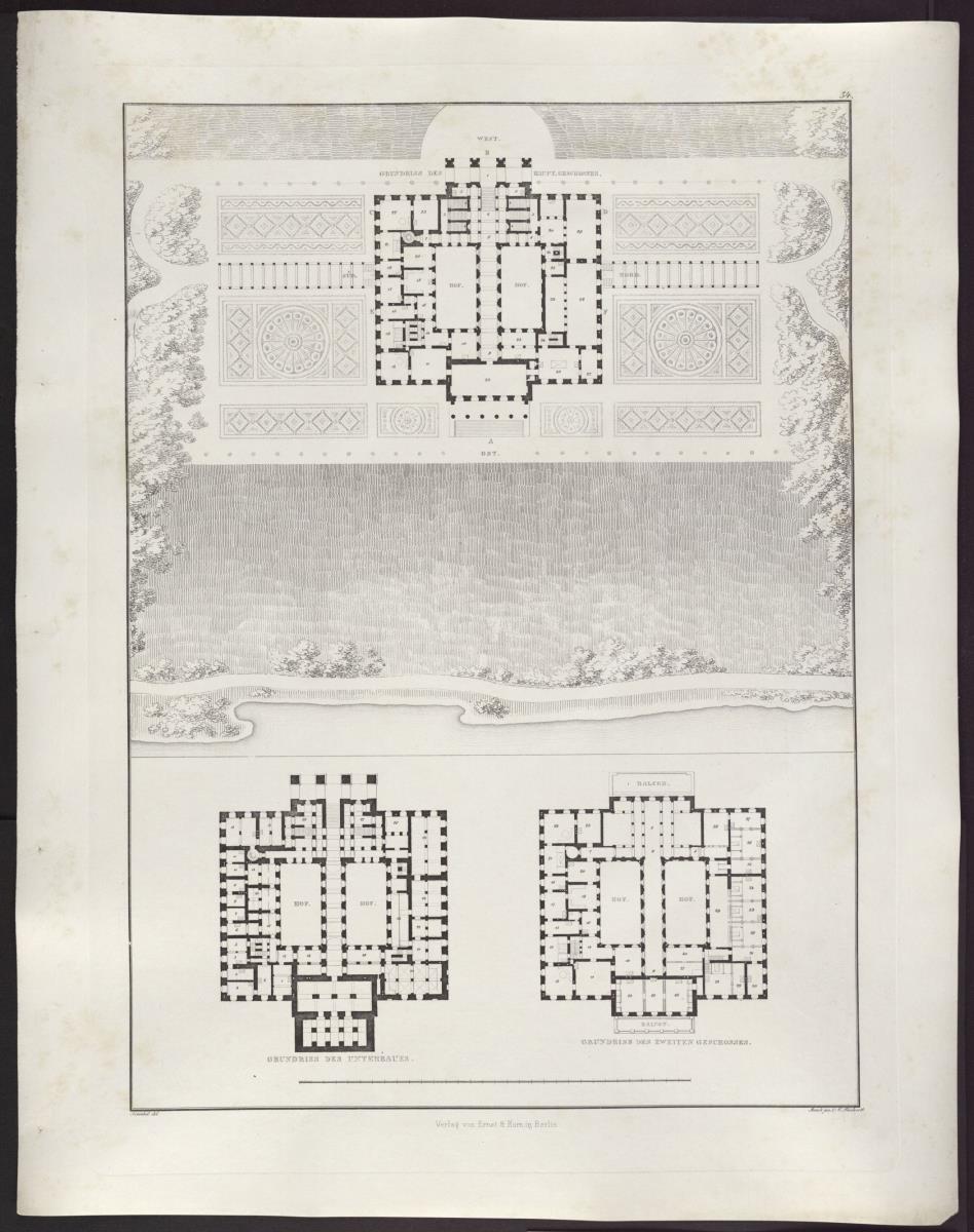 Sammlung architektonischer Entwürfe. Tafel 54 ( = Heft 7, Tafel 43, 1826): Kressendorf (Krzeszowice) bei Krakau. Schloss. Grundrisse