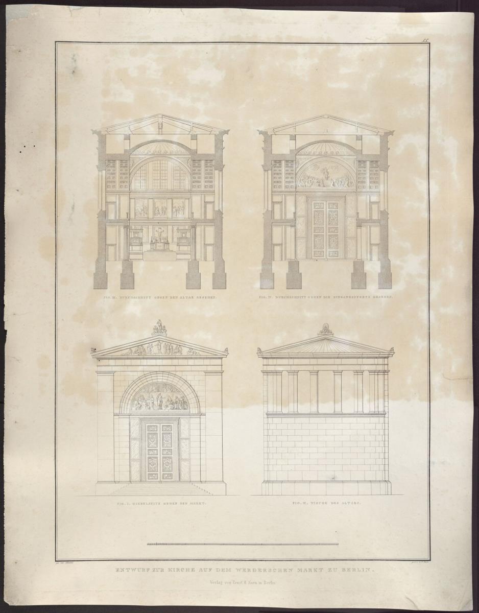 Sammlung architektonischer Entwürfe. Tafel 55 ( = Heft 8, Tafel 49, 1826): Berlin. Friedrichswerdersche Kirche. Antikisierende Entwürfe zum Portal, Chorapsis und Innenraum. Aufrisse und Querschnitte