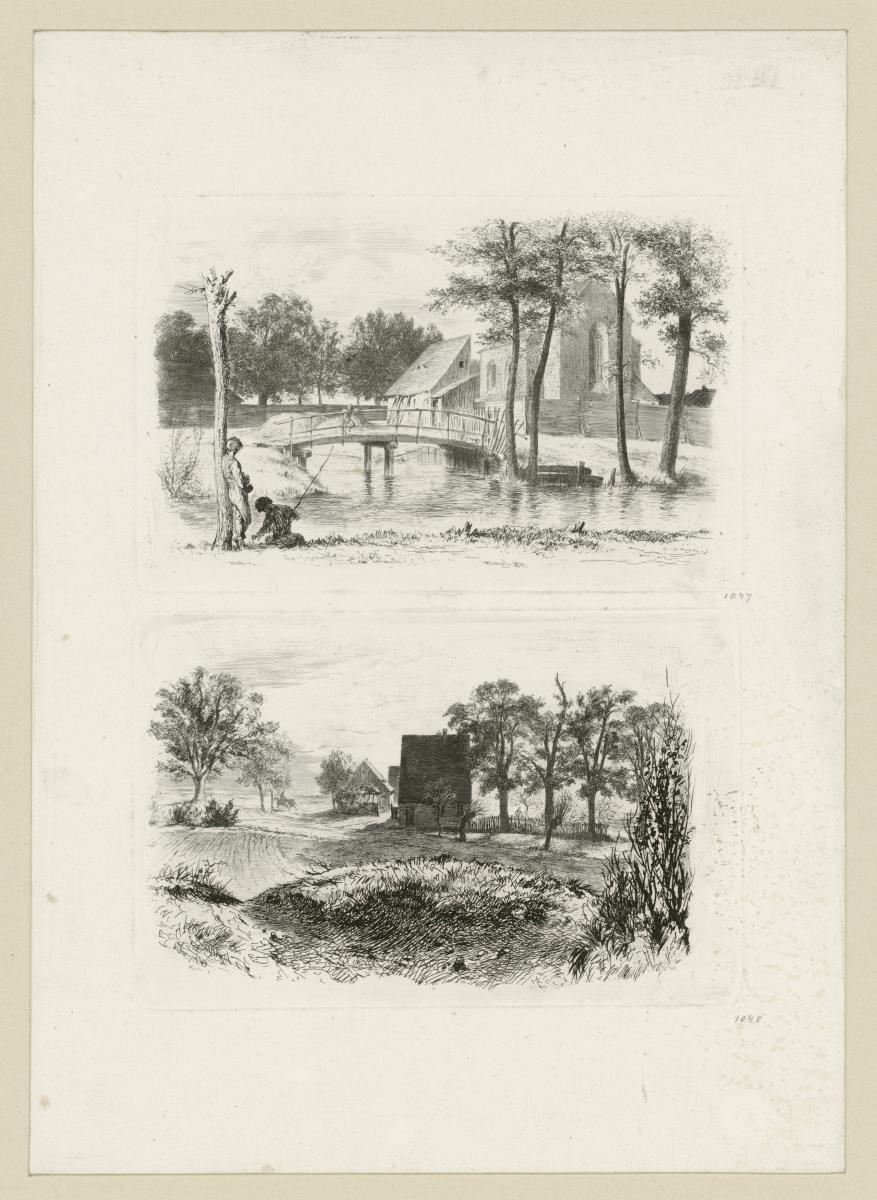 Landschaft mit der Brücke und Landschaft mit drei Hütten, Blatt 3 und 5 aus der Serie "Radir-Versuche"
