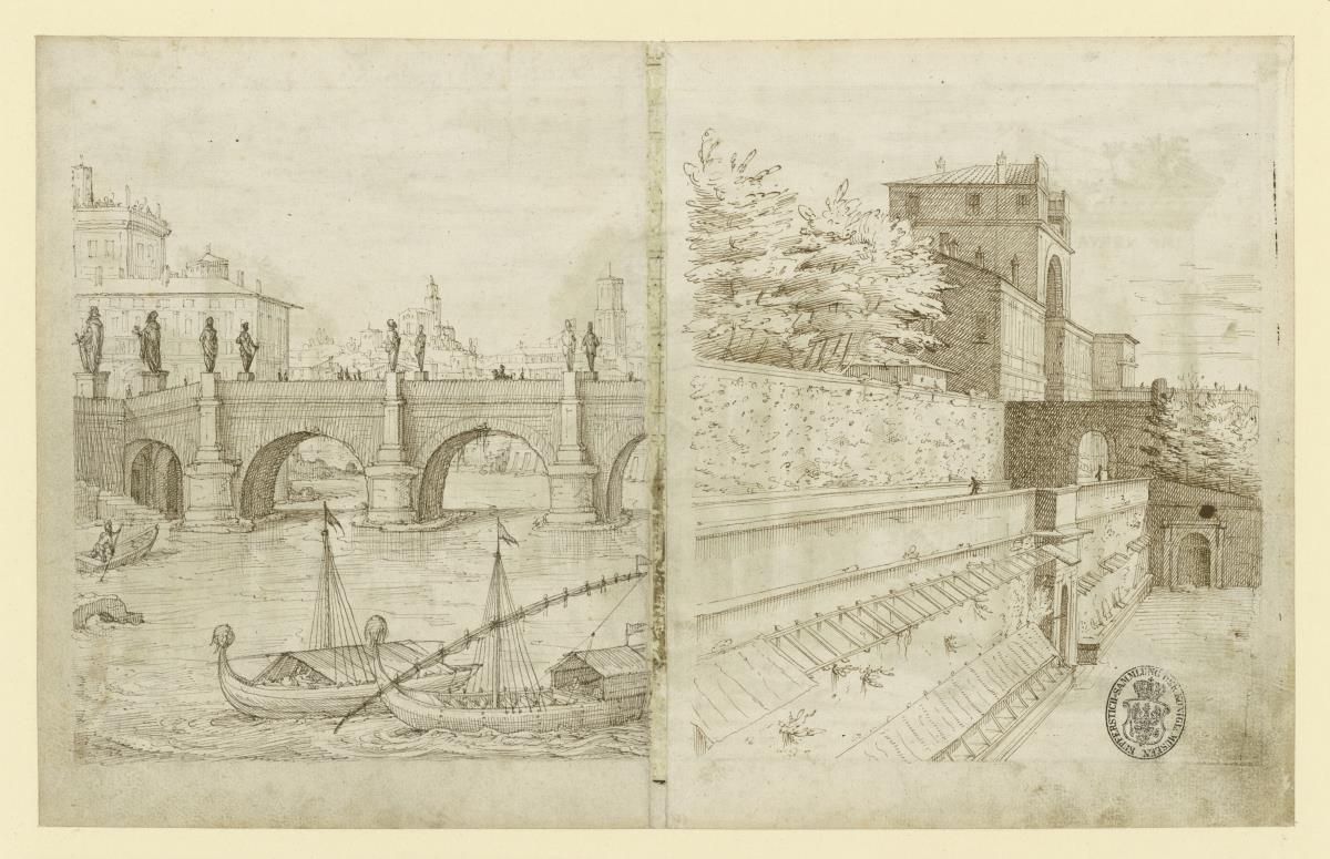 Ansicht der Engelsbrücke mit Tiber (linke Hälfte) / Ansicht einer römischen Villa (linke Hälfte)