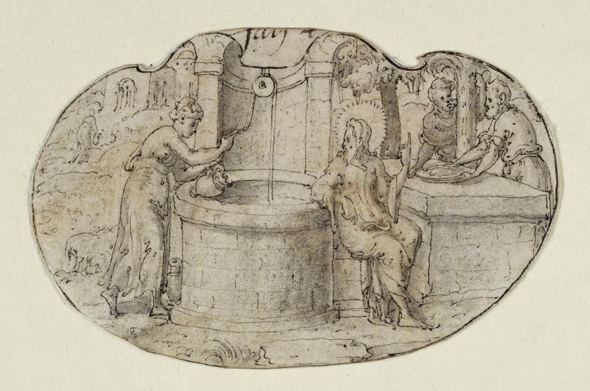 Jesus und die Samariterin am Brunnen (Bildfeld in einer ovalen Kartusche)