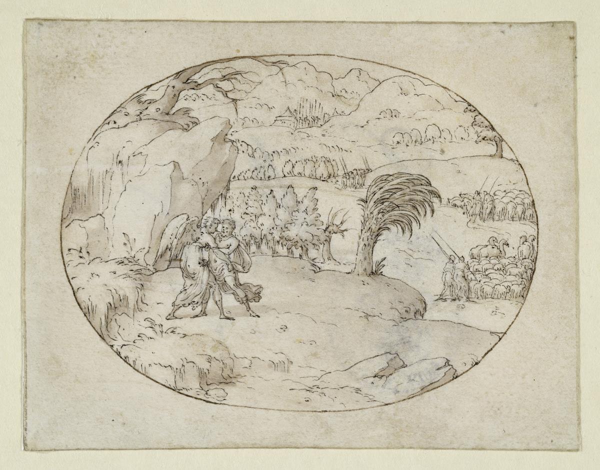 Jakob kämpft mit dem Engel (Szene aus dem Alten Testament in einem ovalen Bildfeld)