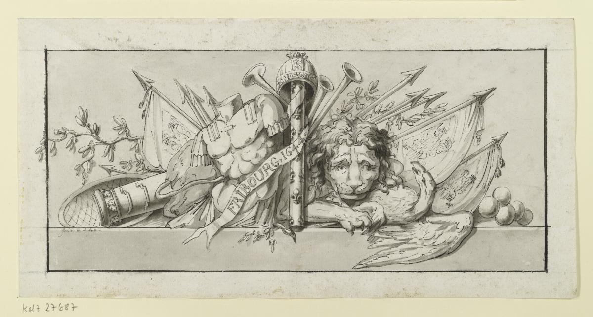 Dekoration aus Spolien, Waffen, Fahren und einem Löwen, der einen Adler besiegt, Schriftband "Fribourg 1644" - Hinweis auf die Schlacht bei Freiburg im Breisgau 1644