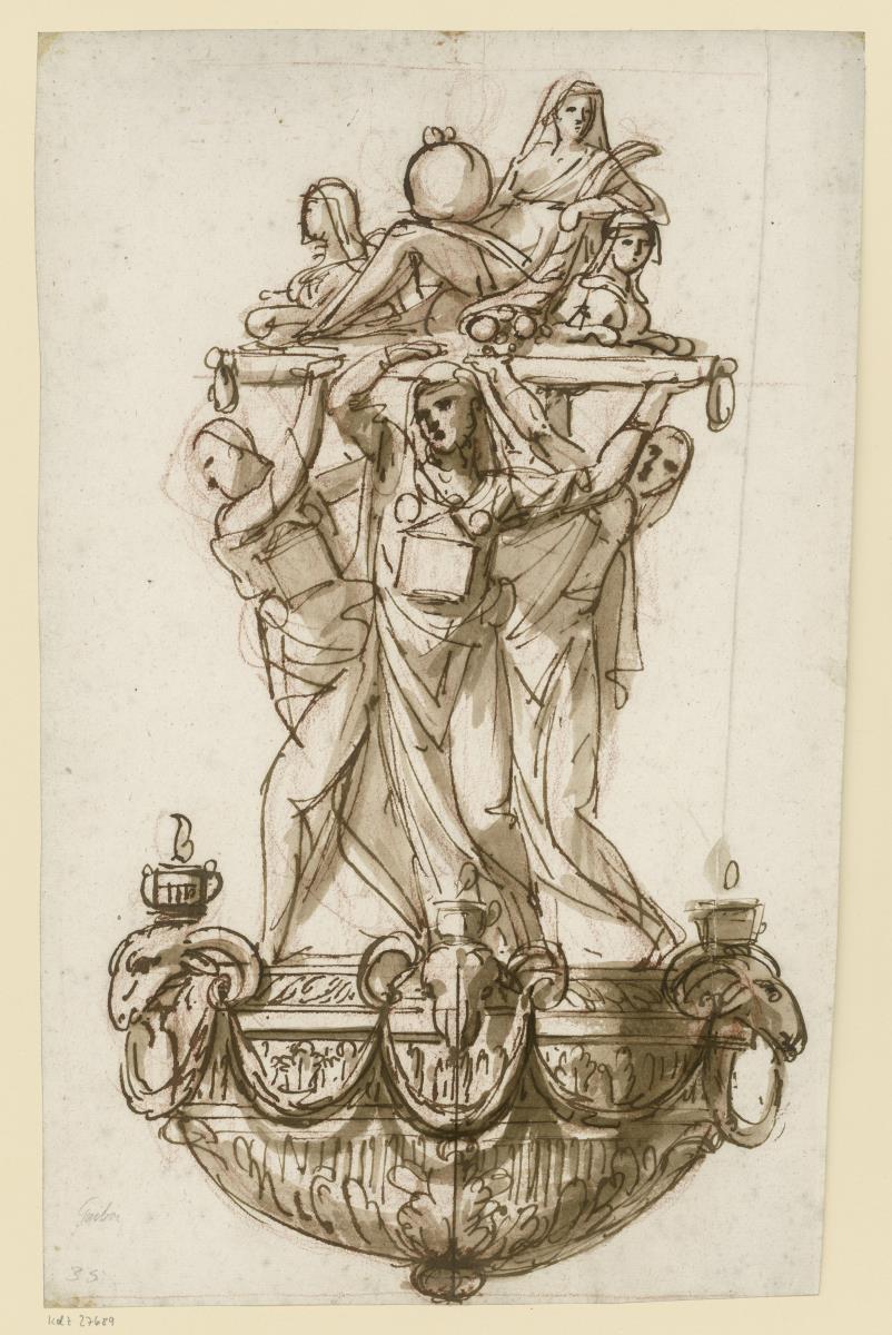 Entwurf für eine vierarmige Leuchterkrone mit Tragefiguren