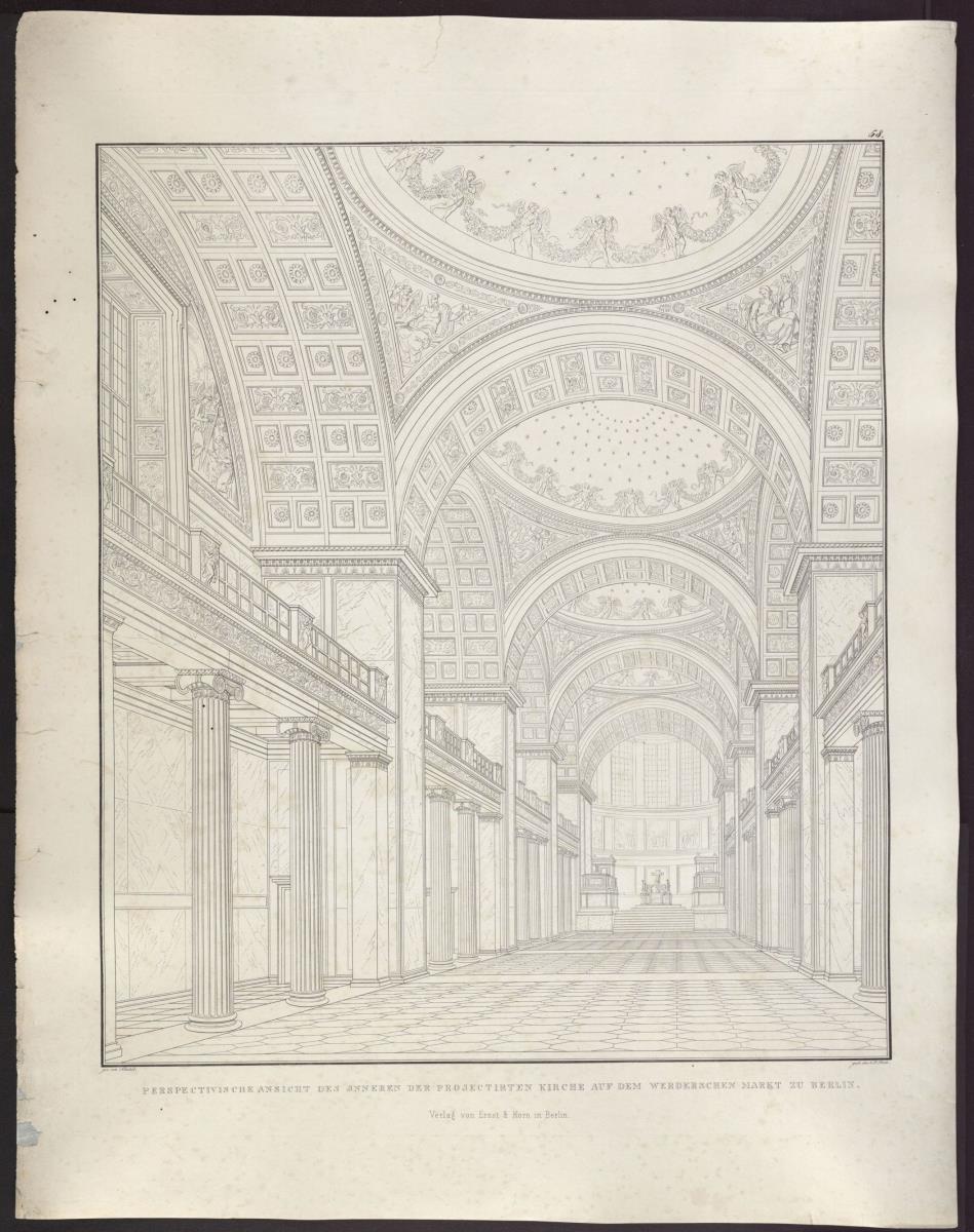 Sammlung architektonischer Entwürfe. Tafel 58 ( = Heft 8, Tafel 52, 1826): Berlin. Friedrichswerdersche Kirche. Antikisierender Entwurf. Perspektivische Innenansicht