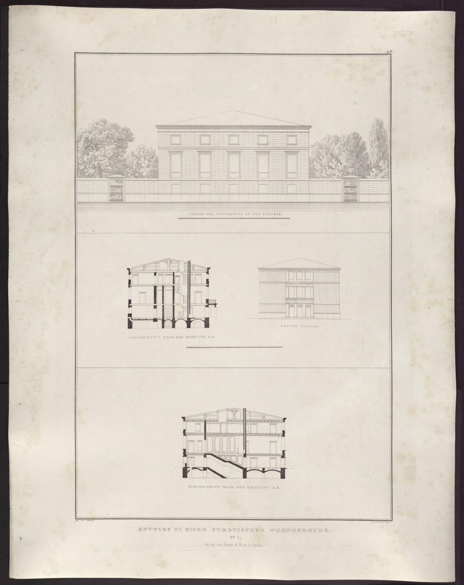 Sammlung architektonischer Entwürfe. Tafel 62 ( = Heft 9, Tafel 56, 1826): Wohnhausentwurf Nr. 1. Zwei Fassaden und zwei Schnitte